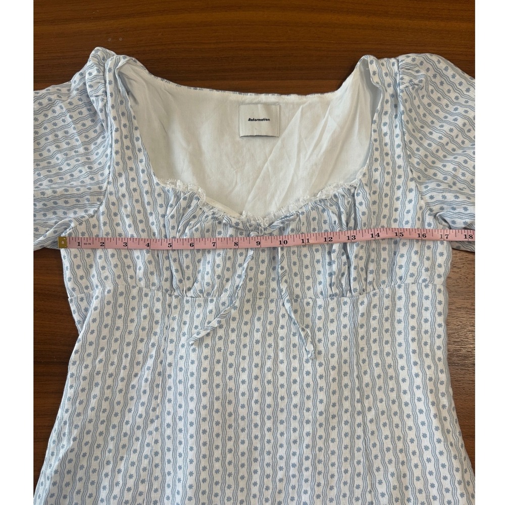 Reformation Cherise Linen Midi Dress Size 12 Blue Floral Regency Milkmaid - Picture 7 of 14